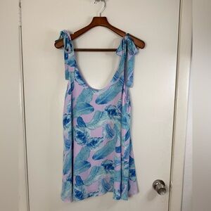 Buddy Love, lavender and blue feather print sleeveless tie sleeve mini dress L